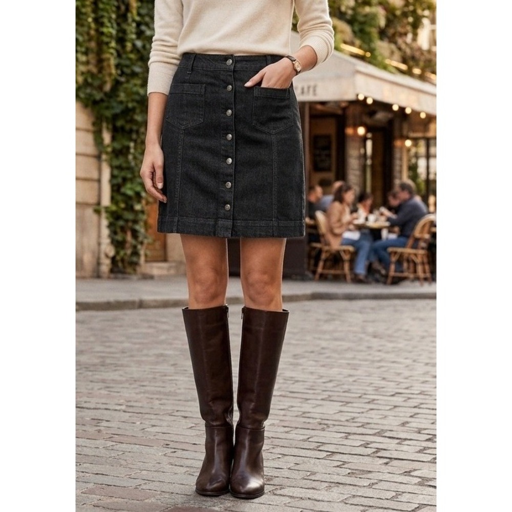 Chaps Denim Button Front A-Line Skirt Women's 12 Black Dark Wash Stretch Pockets